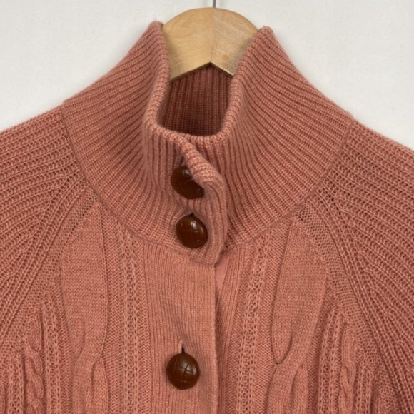 J.Crew S Salmon Cardigan Cable Knit Faux Leather Buttons Lambs Wool - Picture 3 of 14
